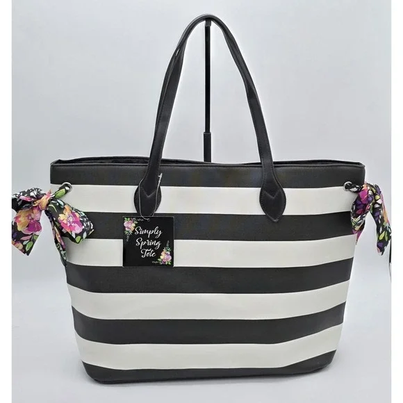 Simply Spring Tote Black White Stripes Flower Print Bows NWT Large Stylish #0255 - Picture 1 of 7